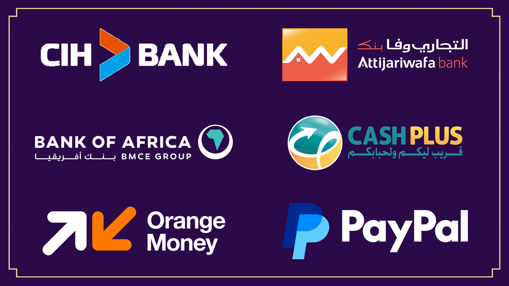 طرق الدفع: CIH Bank والتجاري وفا بنك وBank of Africa وCash Plus وOrange Money وPayPal